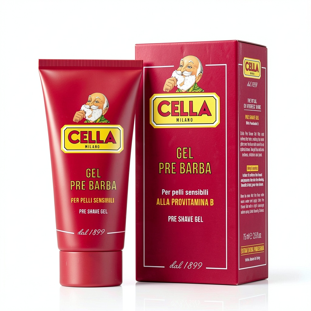 Installing Cella Pre‑Shave Gel for Men on a marble bathroom countertop