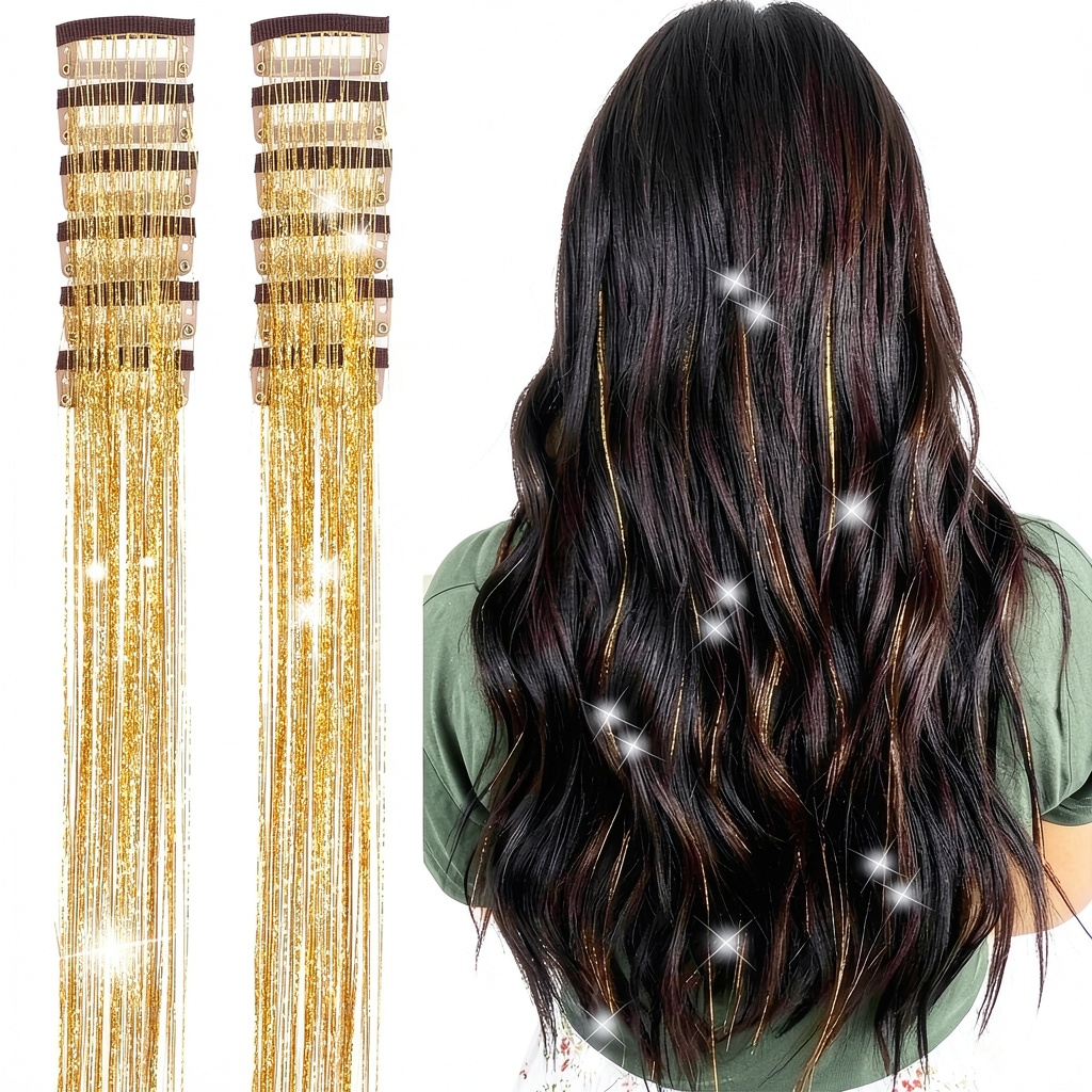 Installing Missuhui Clip In Hair Tinsel Aurora 23.6 Inch on a wooden desk